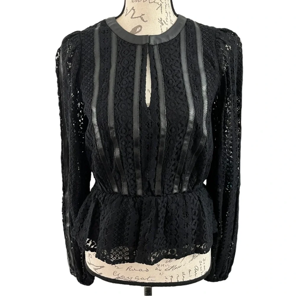 NWT Express Elegant Black Lace Peplum Faux Leather Trim Long Sleeve Top Black S